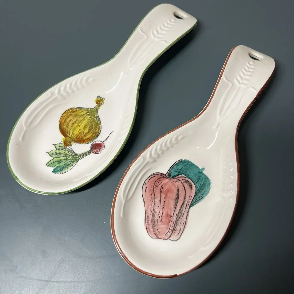 Vintage Japan Ceramic Spoon Rest Set of 2 Hand Painted Vegetable